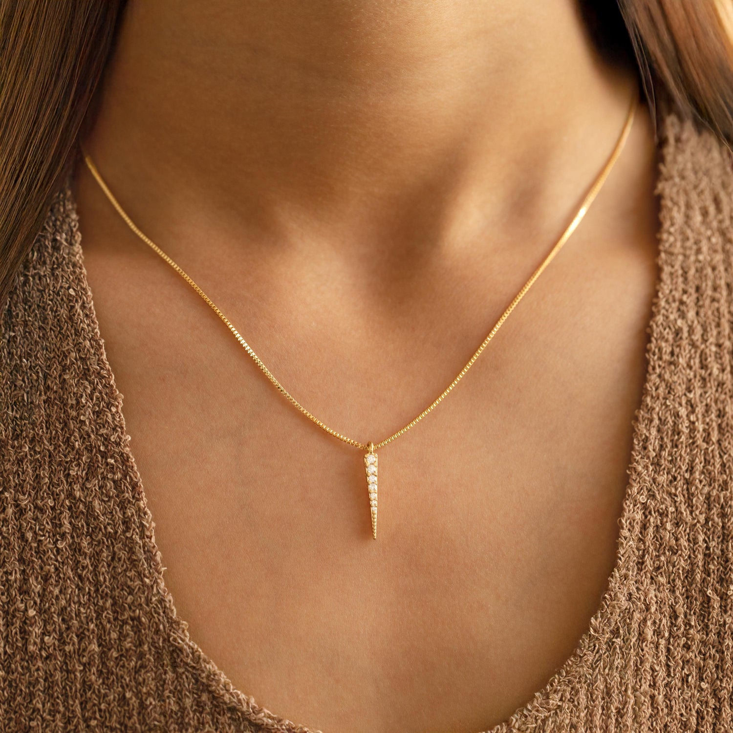 18K Gold Filled Spike Pendant Necklace | Cubic Zirconia Charm, Minimalist Edgy Jewelry