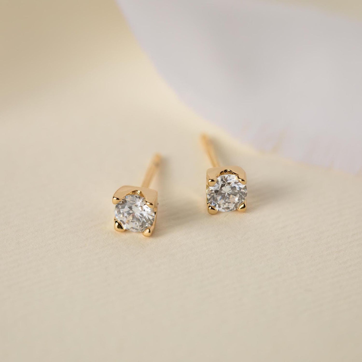 Gold Solitaire Stud Earrings, Round CZ Everyday Earrings