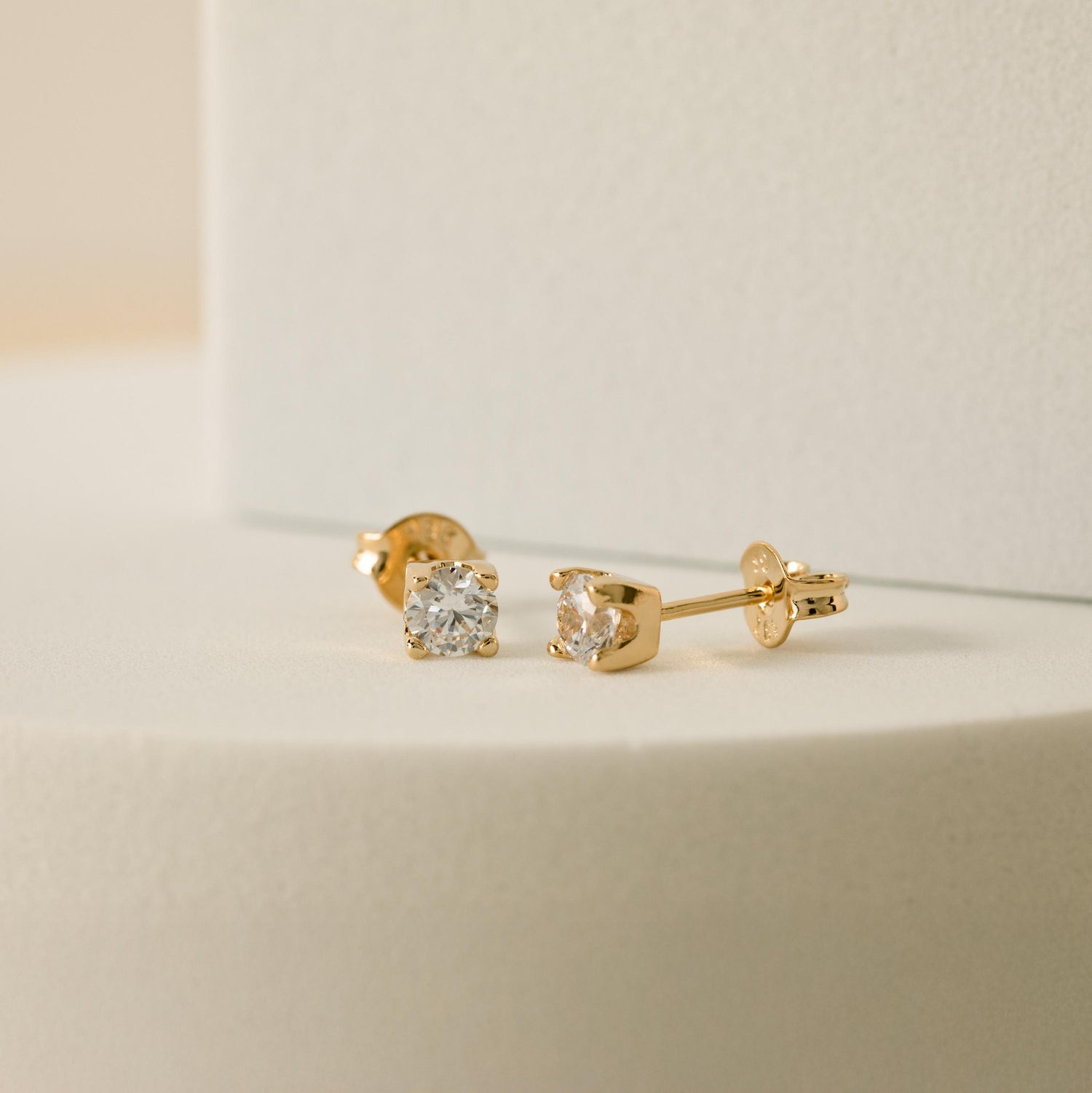Gold Solitaire Stud Earrings, Round CZ Everyday Earrings