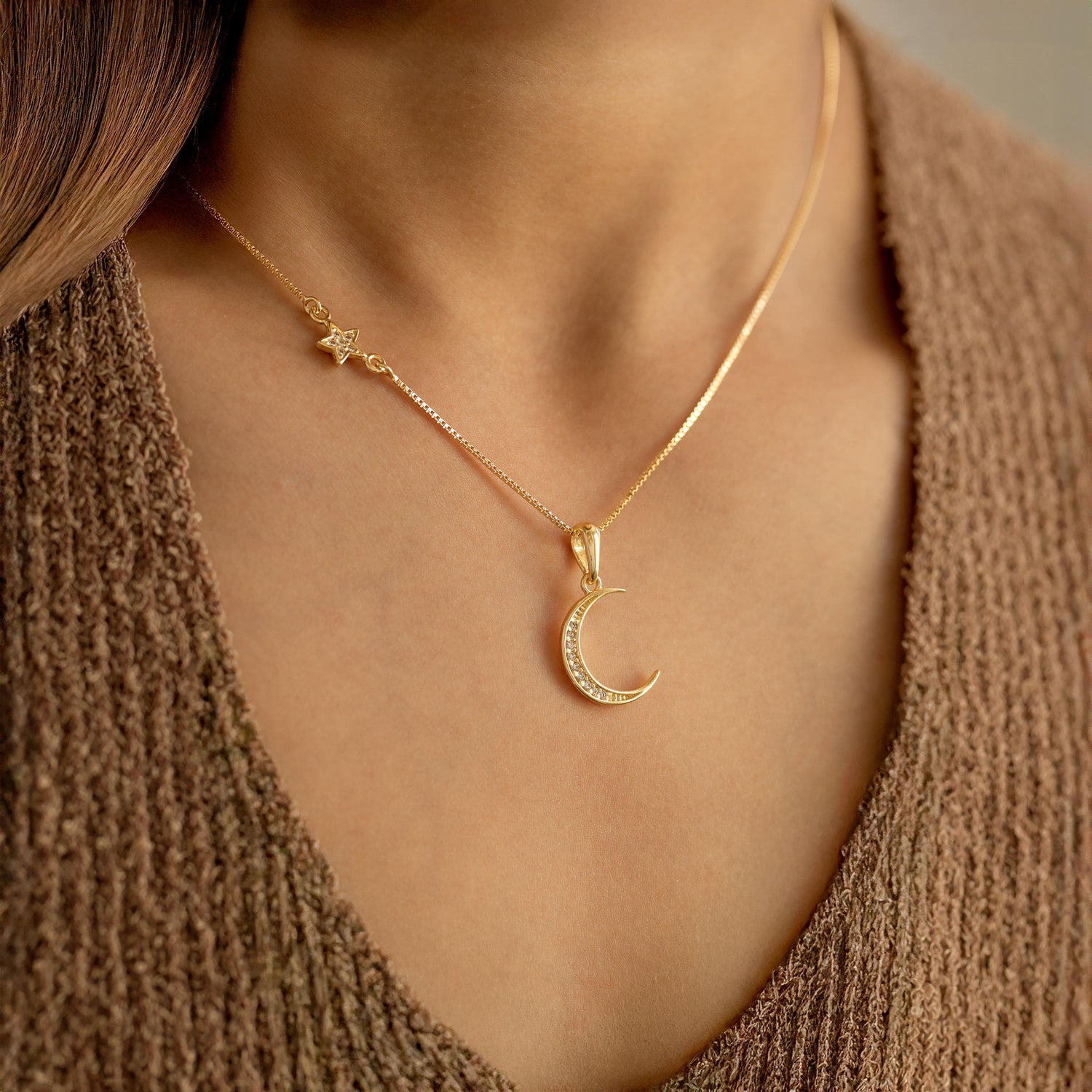 Moon and Star Necklace, Gold Crescent Moon Pendant, Celestial Jewelry