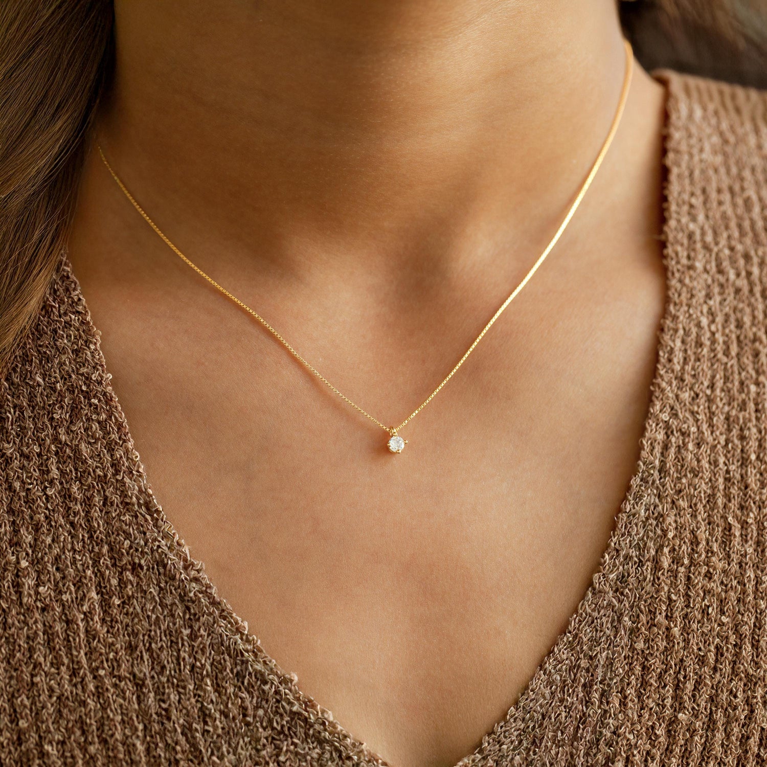 Gold Solitaire Necklace, CZ Pendant Necklace, Minimalist Layering Necklace