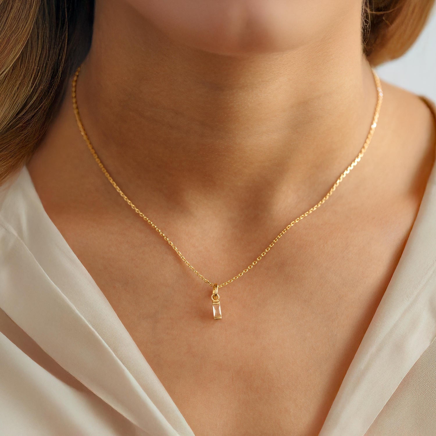 Gold Baguette CZ Necklace, Dainty Minimalist Pendant