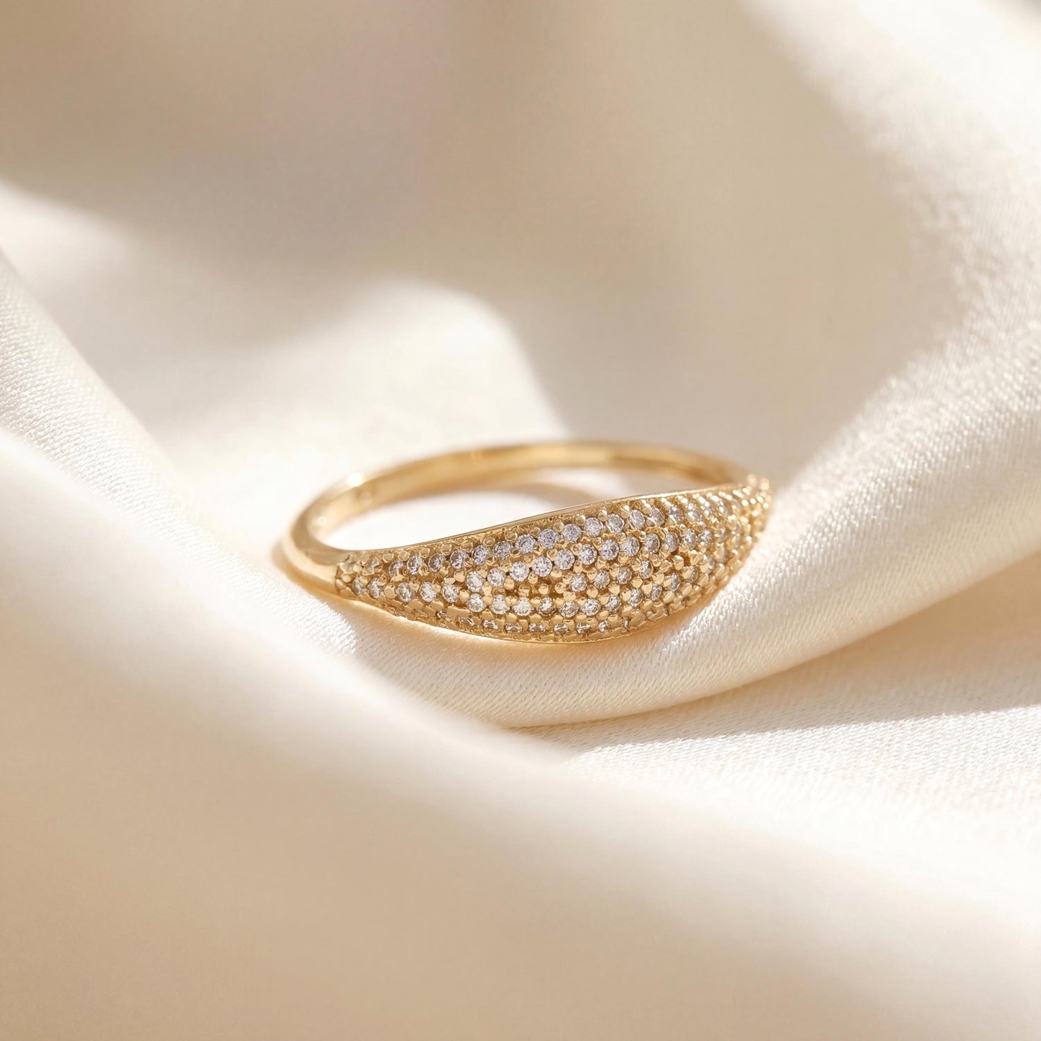 18K Gold Filled Dome Ring, Pave Cubic Zirconia Band, Stackable Statement Ring