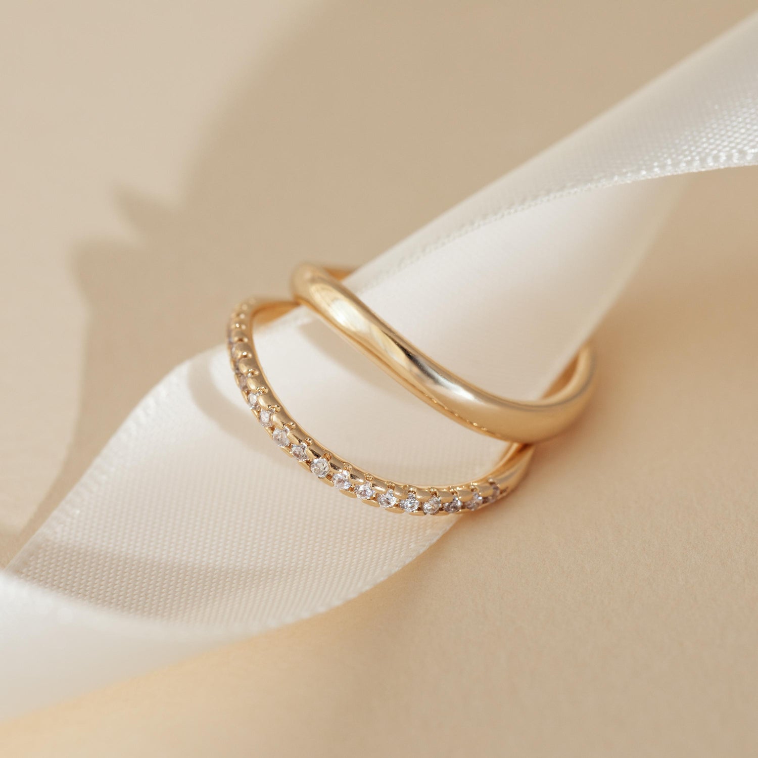 Gold Curved Ring Stack • 2 Piece Pavé Wave Set