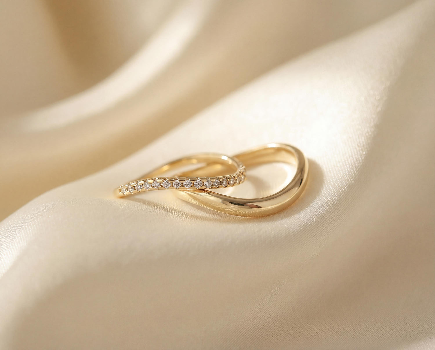 Gold Curved Ring Stack • 2 Piece Pavé Wave Set