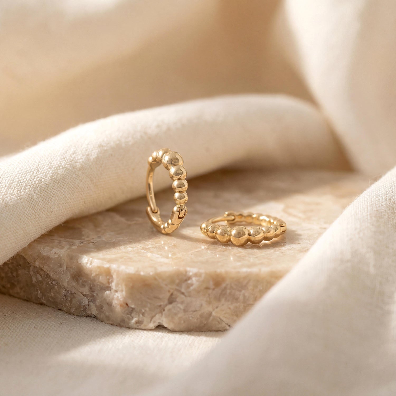 Gold Beaded Hoop Earrings • Textured Gold Hoops