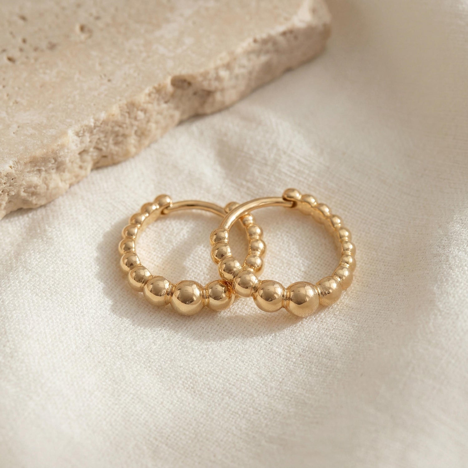 Gold Beaded Hoop Earrings • Textured Gold Hoops
