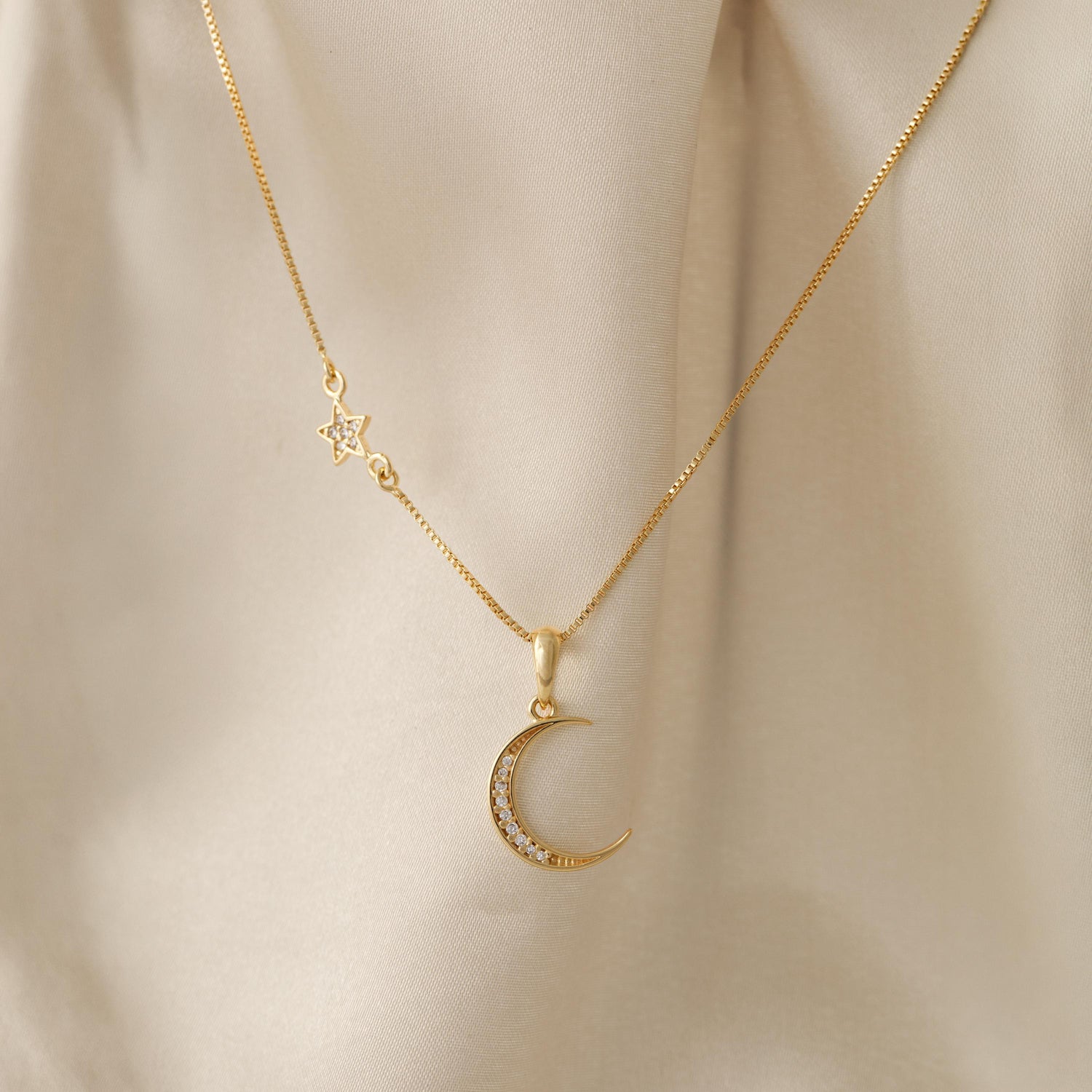Moon and Star Necklace, Gold Crescent Moon Pendant, Celestial Jewelry