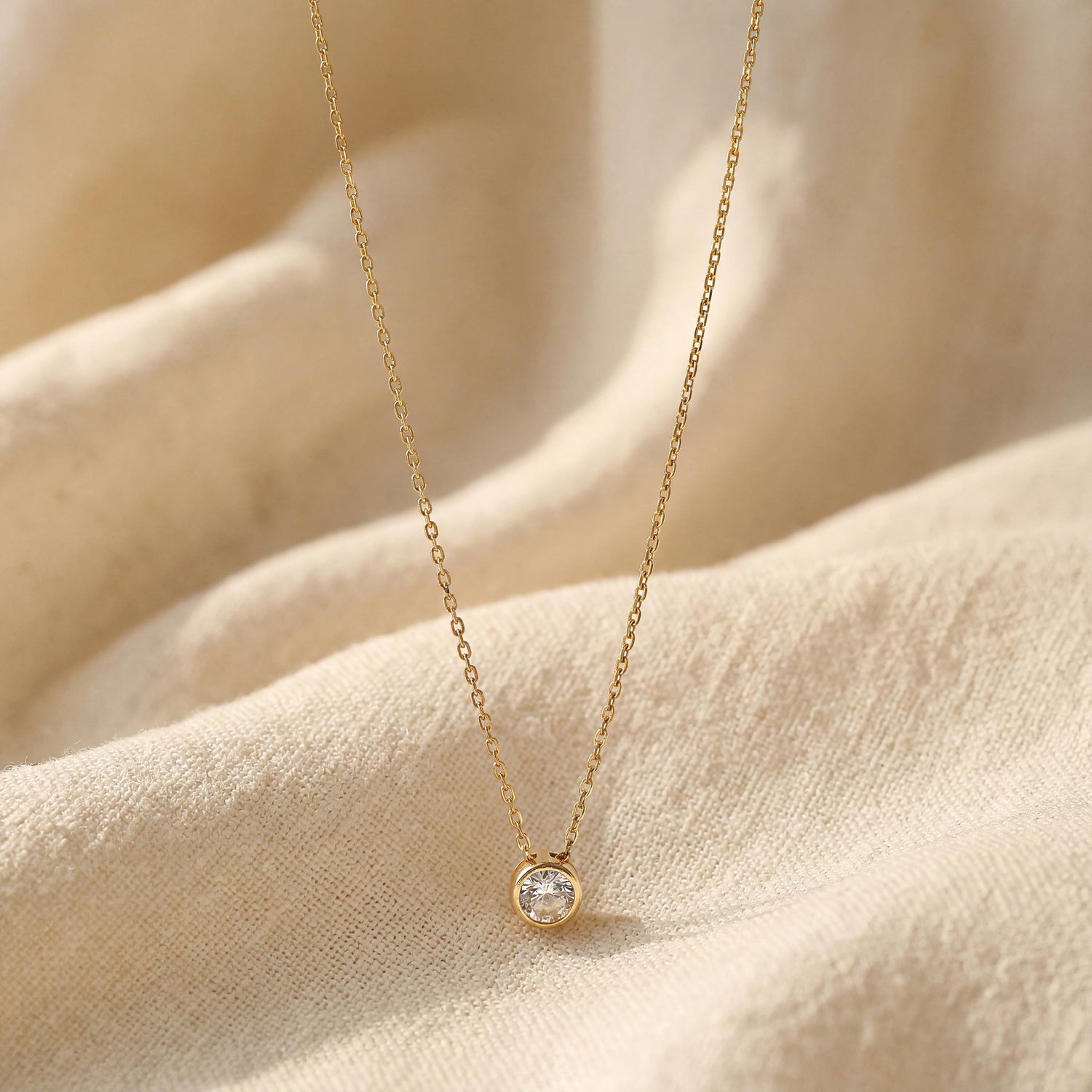 Solitaire CZ Necklace, Gold Bezel Pendant Necklace, Dainty Layering Necklace