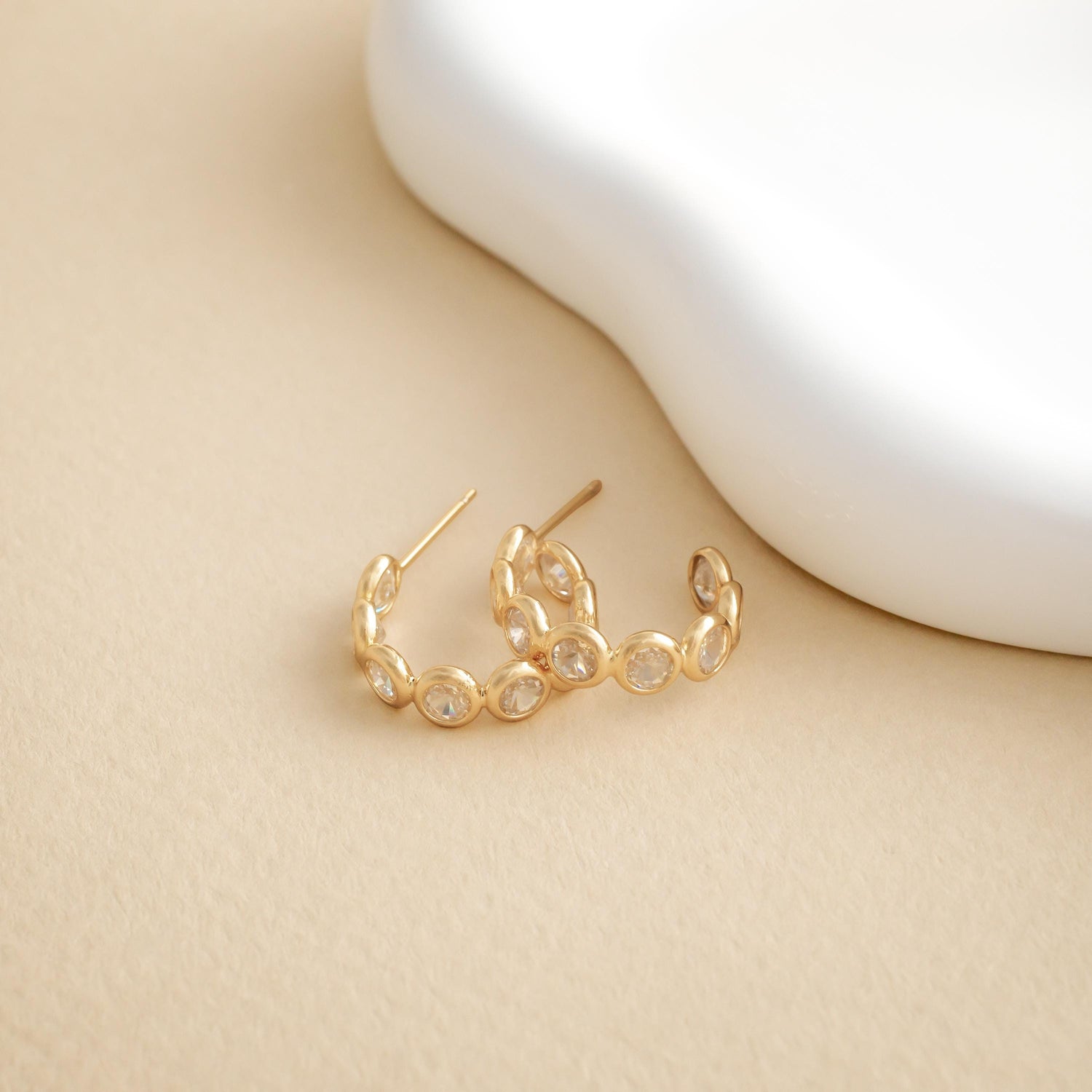 Crystal Bezel Hoops • Minimal Gold Earrings