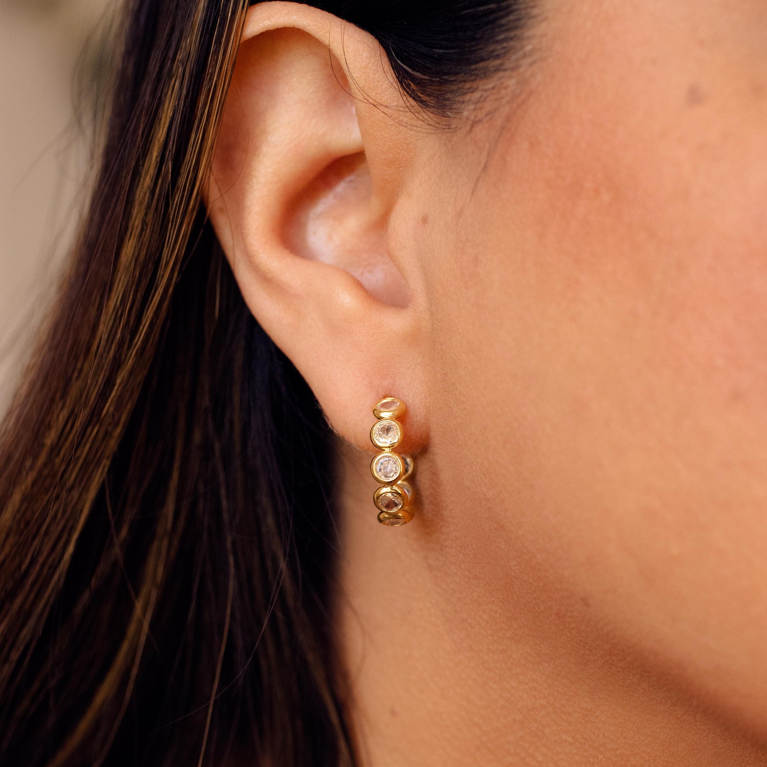Bezel Set CZ Hoop Earrings • Gold Crystal Hoops Earrings