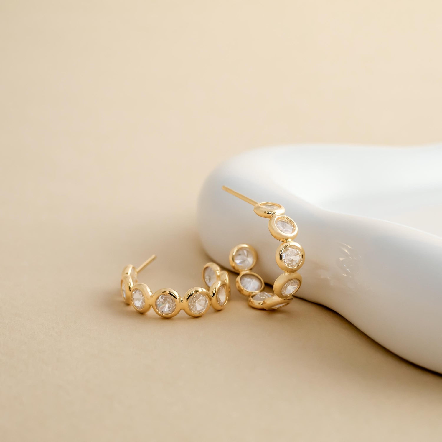 Bezel Set CZ Hoop Earrings • Gold Crystal Hoops Earrings