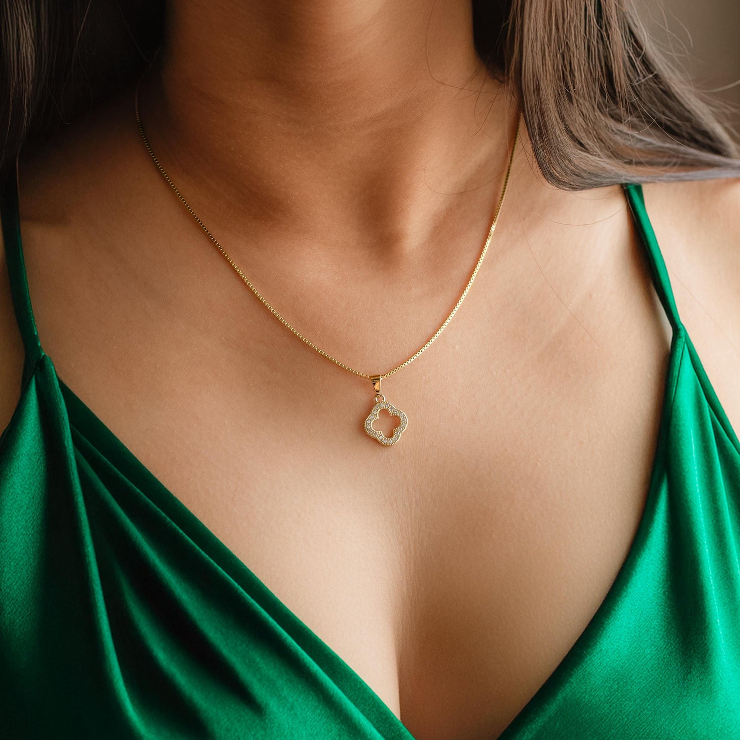 Clover Pendant Necklace • Pavé Gold Necklace