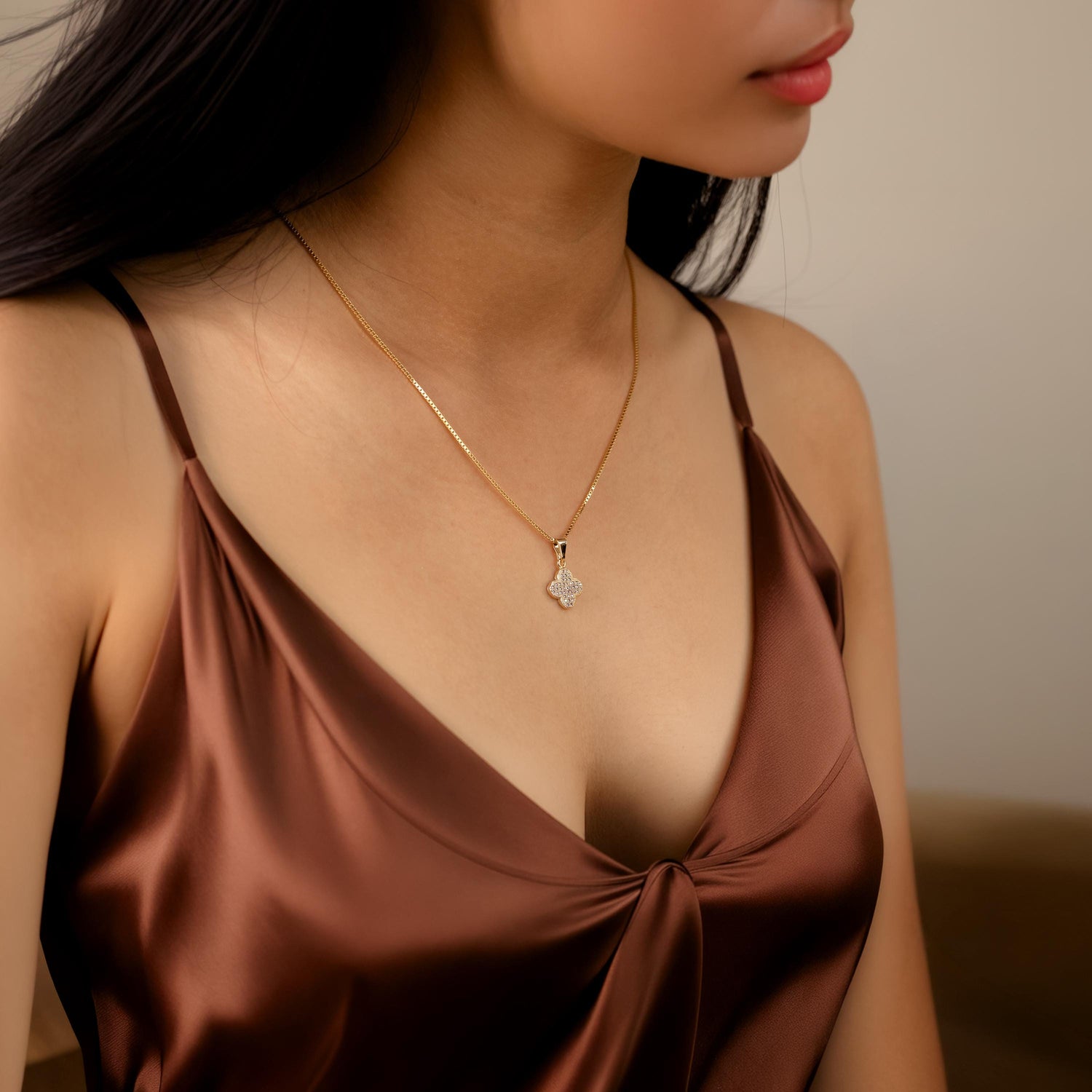 Gold Clover Pendant Necklace • Minimal Pavé Necklace