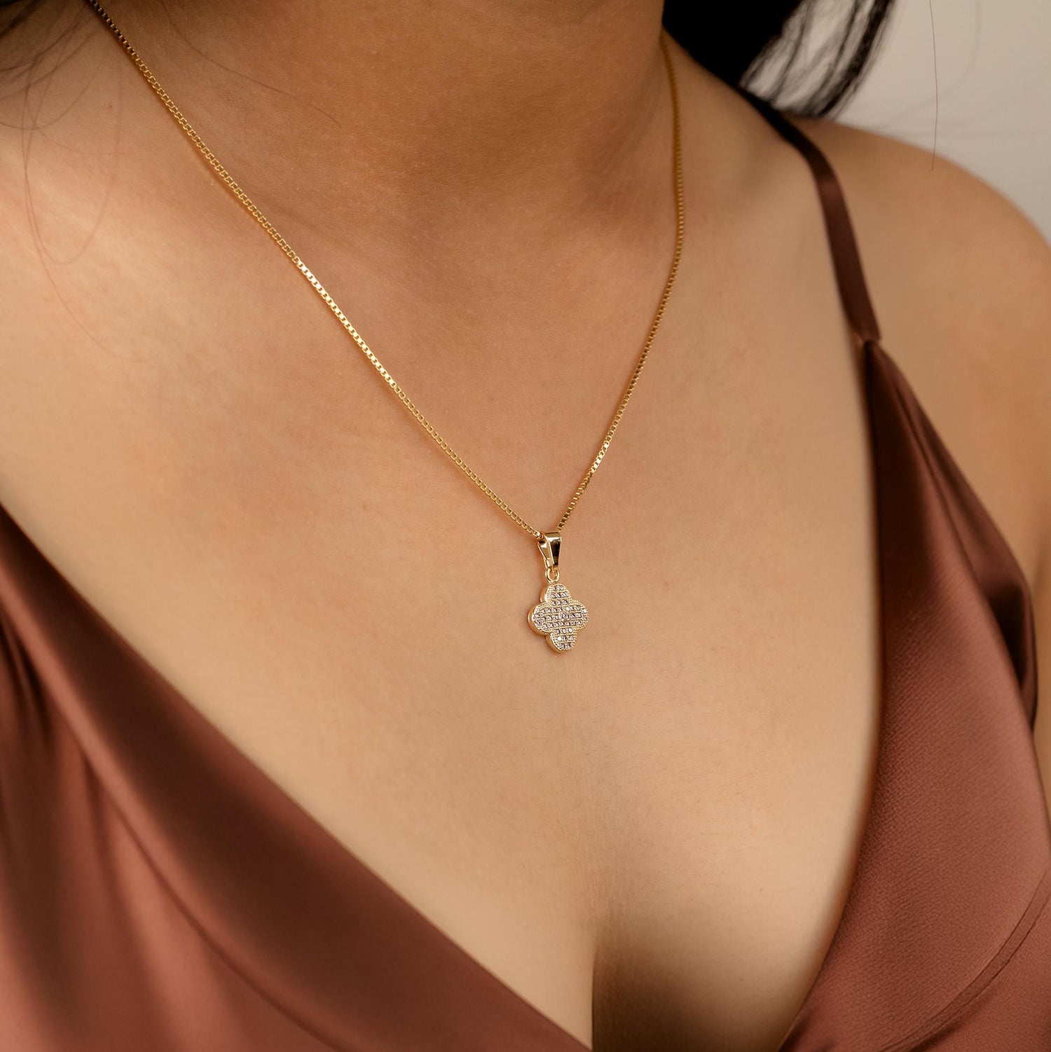 Gold Clover Pendant Necklace • Minimal Pavé Necklace
