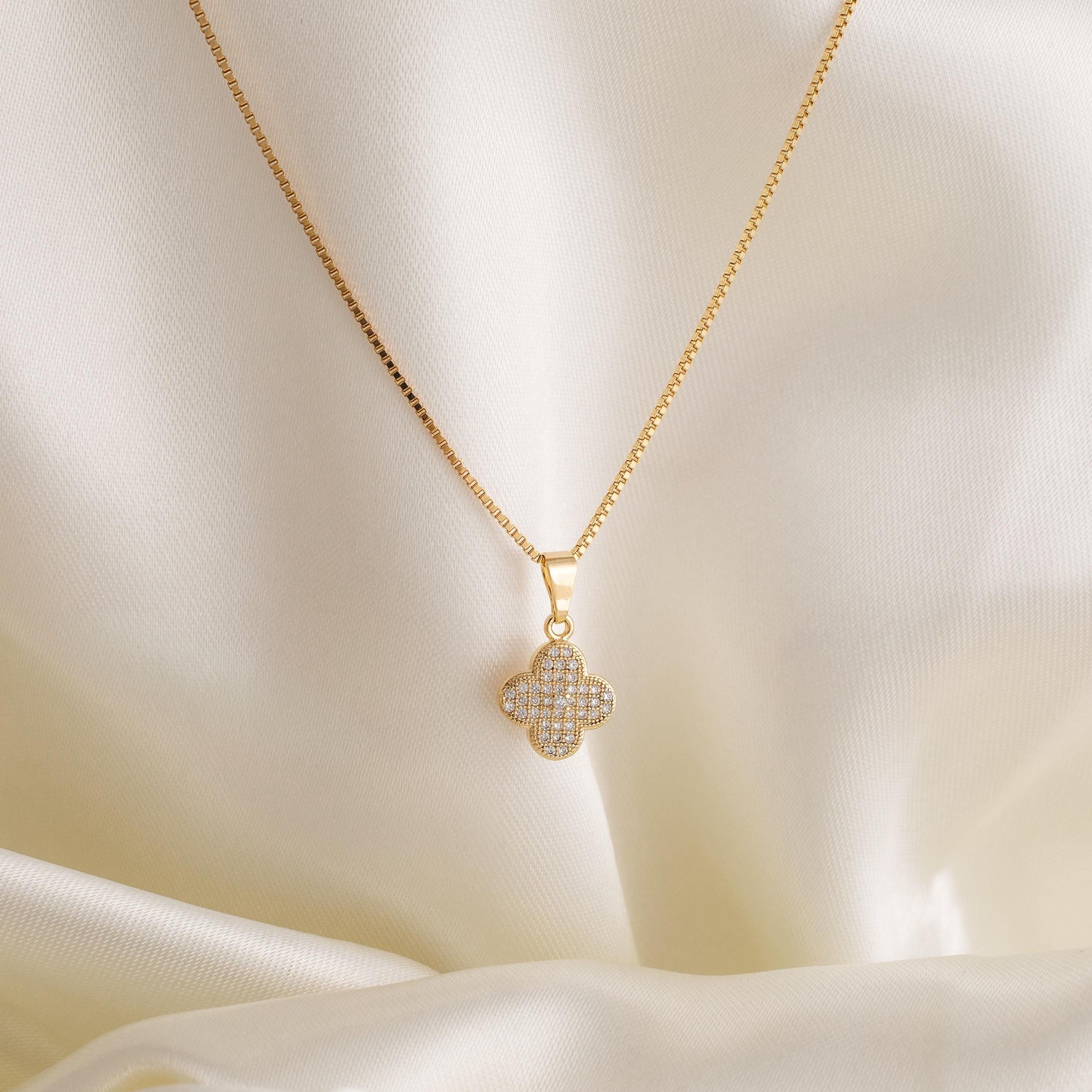 18K Gold Filled Clover Necklace, Pavé Crystal Pendant, Box Chain, Everyday Jewelry