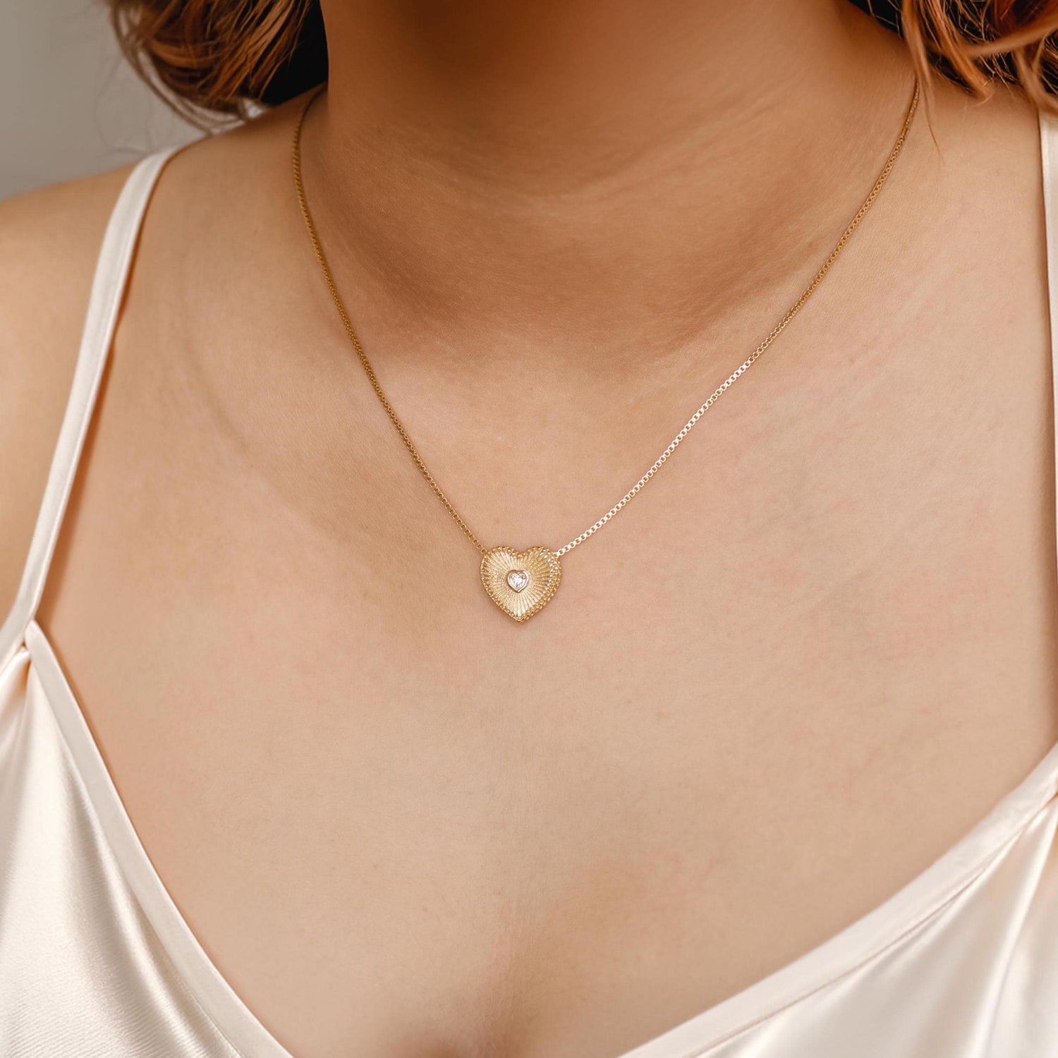 18K Gold Filled Heart Pendant Necklace, Sunburst CZ Center, Dainty Box Chain