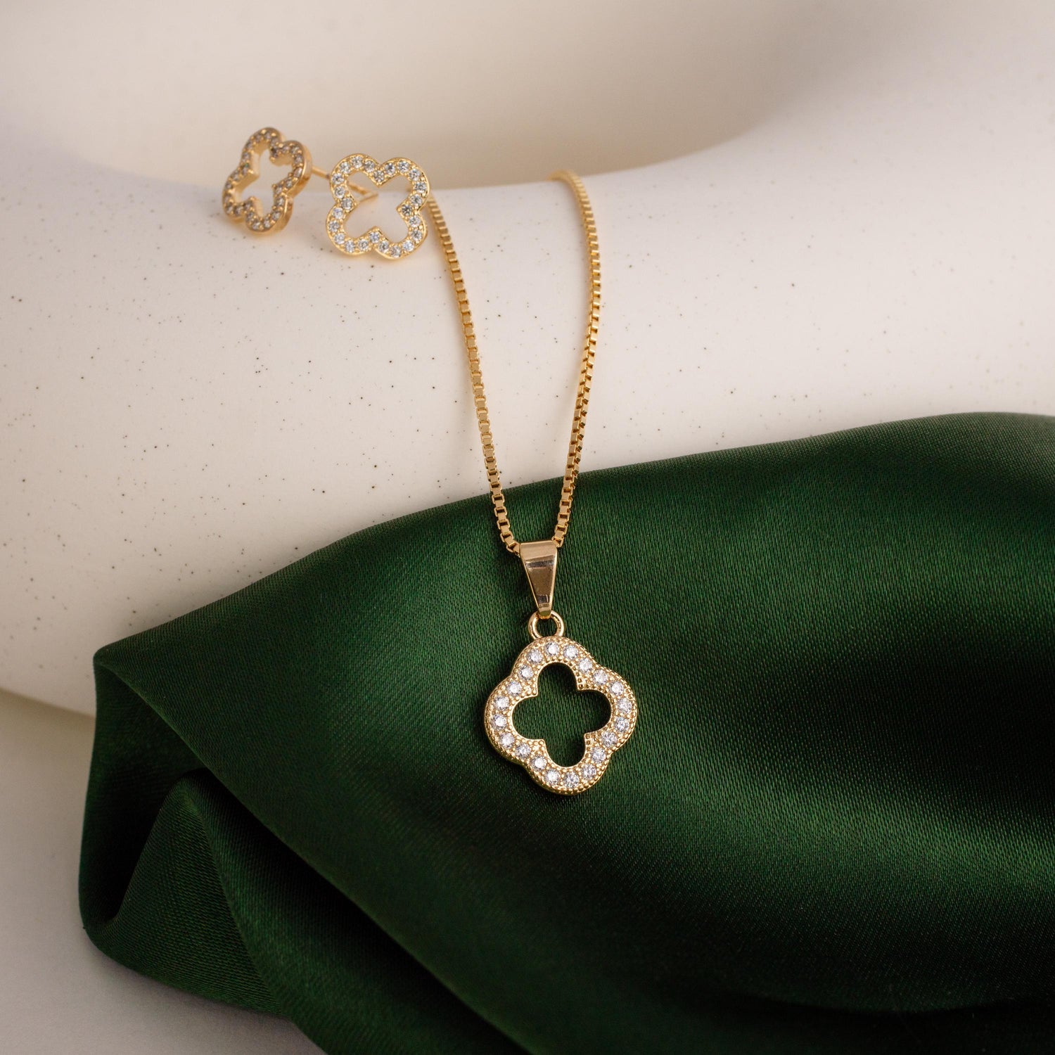 18K Gold Filled Clover Necklace | CZ Pave Pendant, Box Chain, Dainty Lucky Jewelry