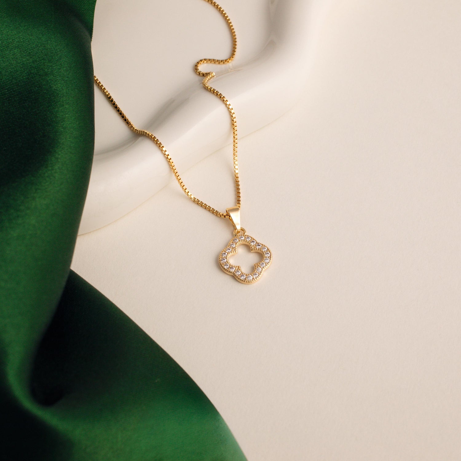 18K Gold Filled Clover Necklace | CZ Pave Pendant, Box Chain, Dainty Lucky Jewelry